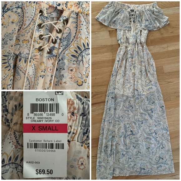American rag off shoulder peasant blue cream paisley long lined dress sz XS NWT - Picture 2 of 12